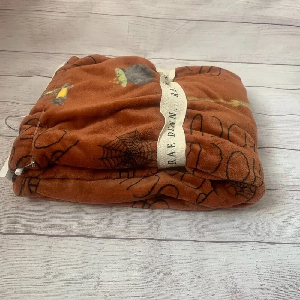 Rae Dunn Hocus Pocus Blanket Orange with Cauldron Broom Witch Hat Shoes 50x70